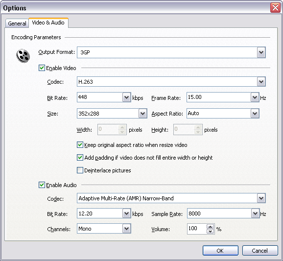 And then, switch to tab "Video & Audio" and choose "3GP" at "Output Format", and then set options for video and audio encoding. Convert M4V to 3GP